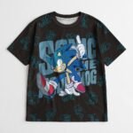 Sonic the Hedgehog kids t-shirt dark background teal sketches