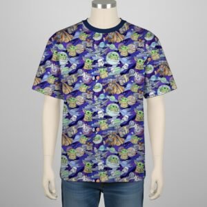 Mandalorian t-shirt Grogu all-over pattern purple galaxy background