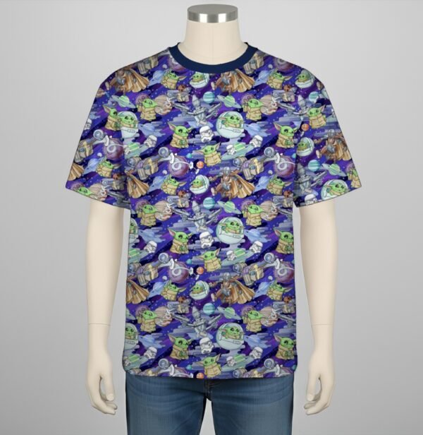 Mandalorian t-shirt Grogu all-over pattern purple galaxy background