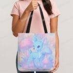 kawaii deer tote bag pastel mushroom two-sided print blue fawn pink background
