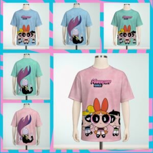 Powerpuff Girls t-shirt all-over pattern Blossom Bubbles Buttercup Mojo Jojo pink,blue and green