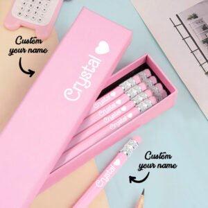 personalized name pencils pink box 12 HB pencils eraser 3 font choices
