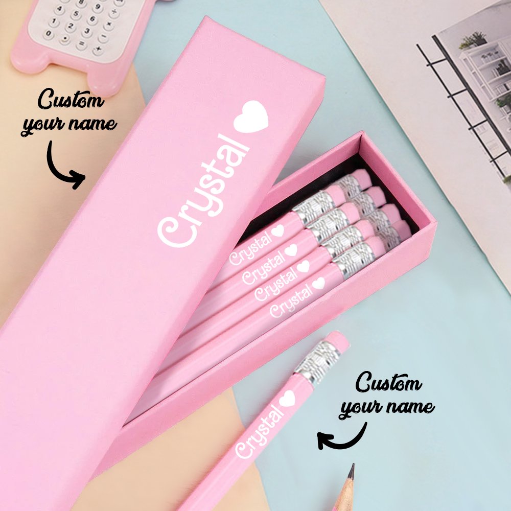 personalized name pencils pink box 12 HB pencils eraser 3 font choices
