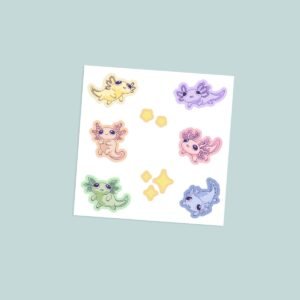 Sticker-axolotls Kawaii pastel axolotl vinyl sticker sheet with six colourful axolotl characters in yellow lavender peach pink green and blue with gold star accents