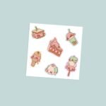 Kawaii foodie blobfish vinyl sticker sheet with six cute blobfish characters on sandwich strawberry cake bubble tea ice cream mochi and popsicle in soft pastel tones