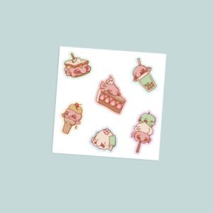 Sticker-blobfish Kawaii foodie blobfish vinyl sticker sheet with six cute blobfish characters on sandwich strawberry cake bubble tea ice cream mochi and popsicle in soft pastel tones