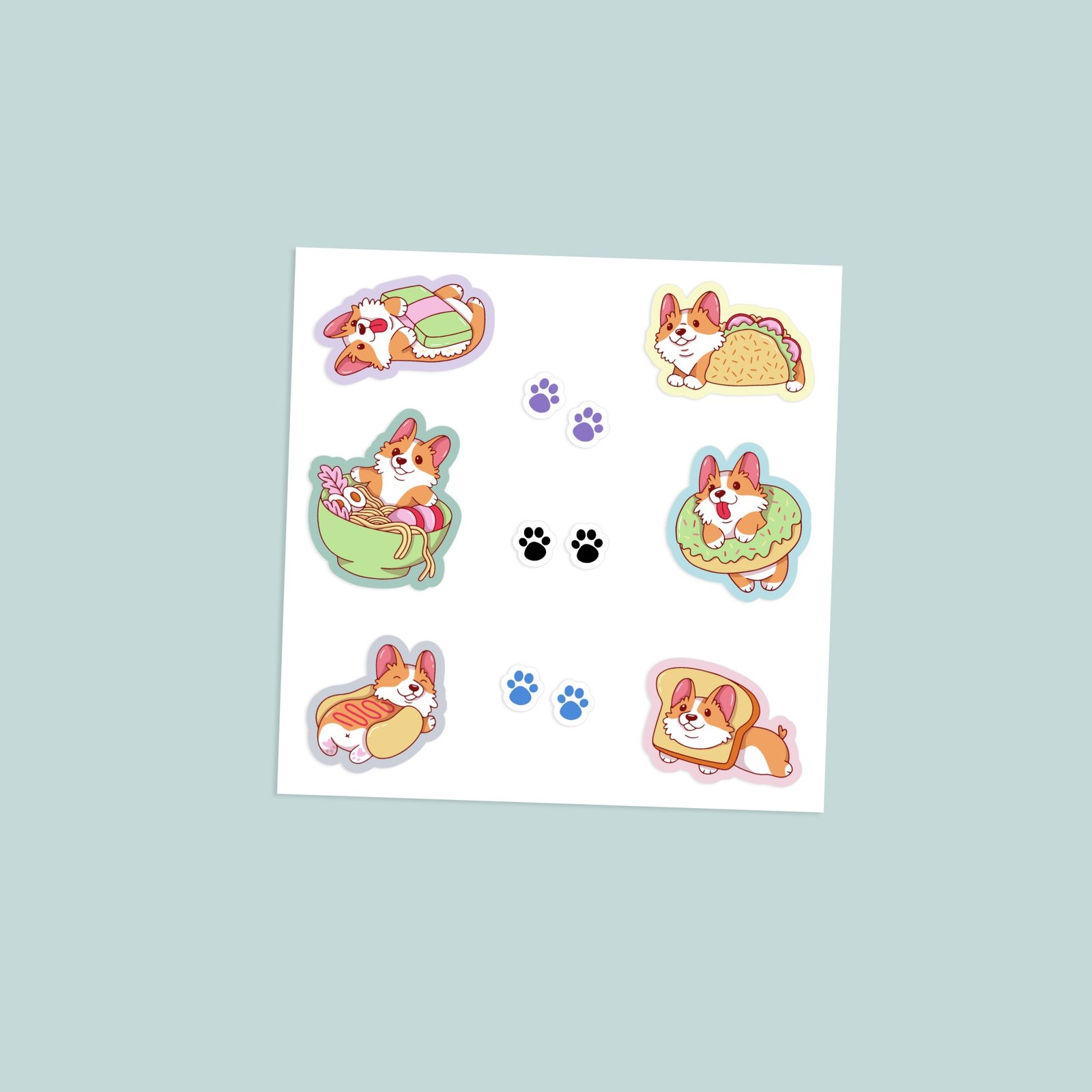 Kawaii foodie corgi vinyl sticker sheet with five cute corgi characters in taco hot dog donut ramen and toast designs with paw print accents