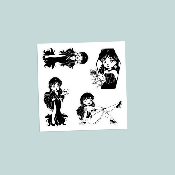 Elvira Mistress of the Dark anime vinyl sticker sheet with four black and white gothic vampire illustrations