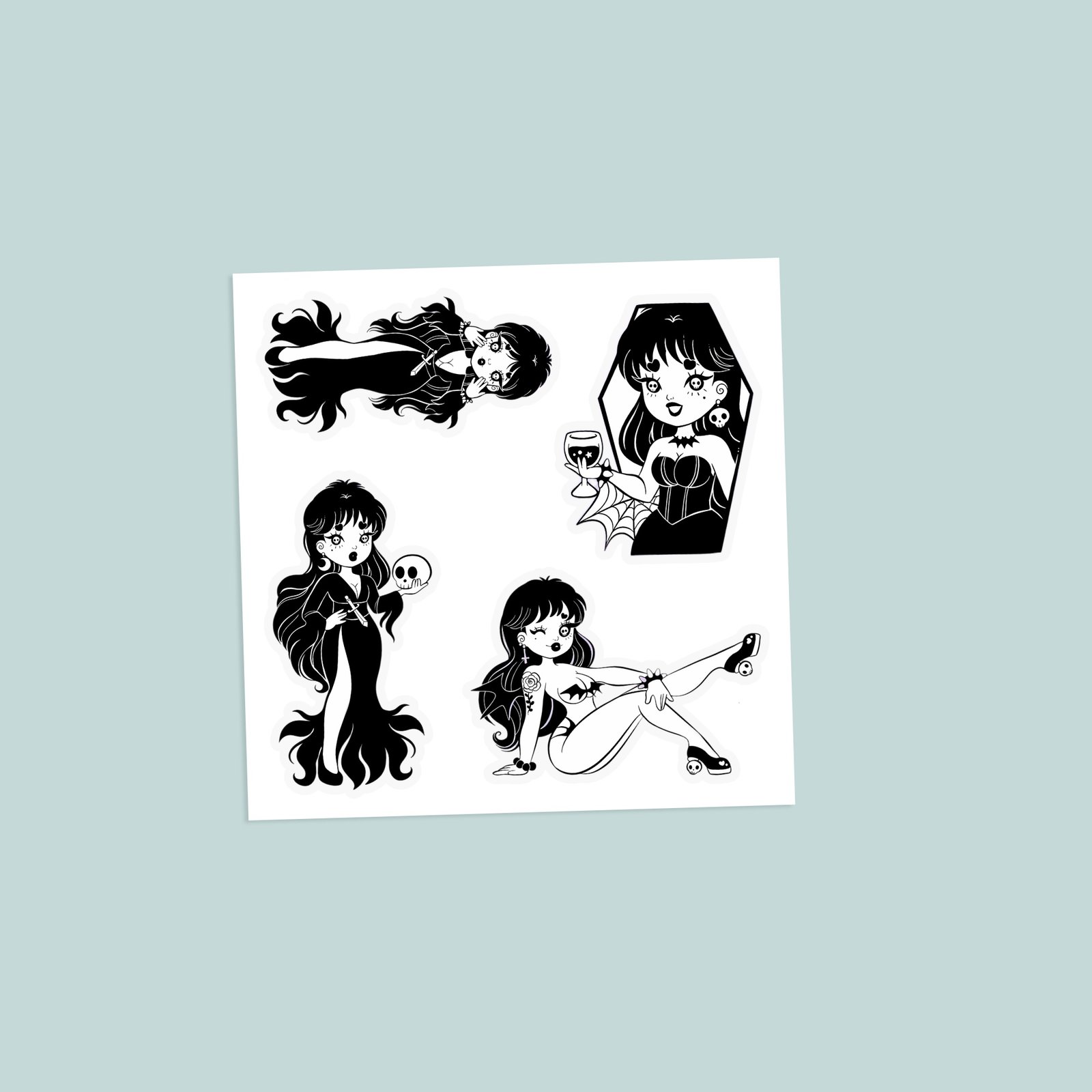 Elvira Mistress of the Dark anime vinyl sticker sheet with four black and white gothic vampire illustrations
