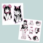 Junji Ito x Sanrio inspired vinyl sticker sheet with anime schoolgirl and kawaii horror characters in black white and pink