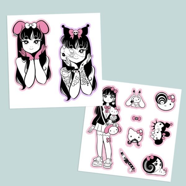 Sticker-junji Junji Ito x Sanrio inspired vinyl sticker sheet with anime schoolgirl and kawaii horror characters in black white and pink
