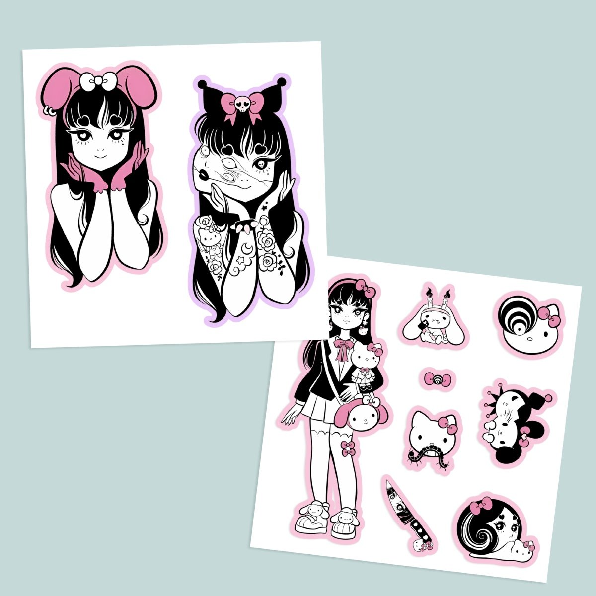 Junji Ito x Sanrio inspired vinyl sticker sheet with anime schoolgirl and kawaii horror characters in black white and pink