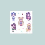 Sailor Moon chibi anime vinyl sticker sheet with five kawaii sailor scout characters including Sailor Moon Mercury Saturn Jupiter and Venus in pastel tones with colourful star accents
