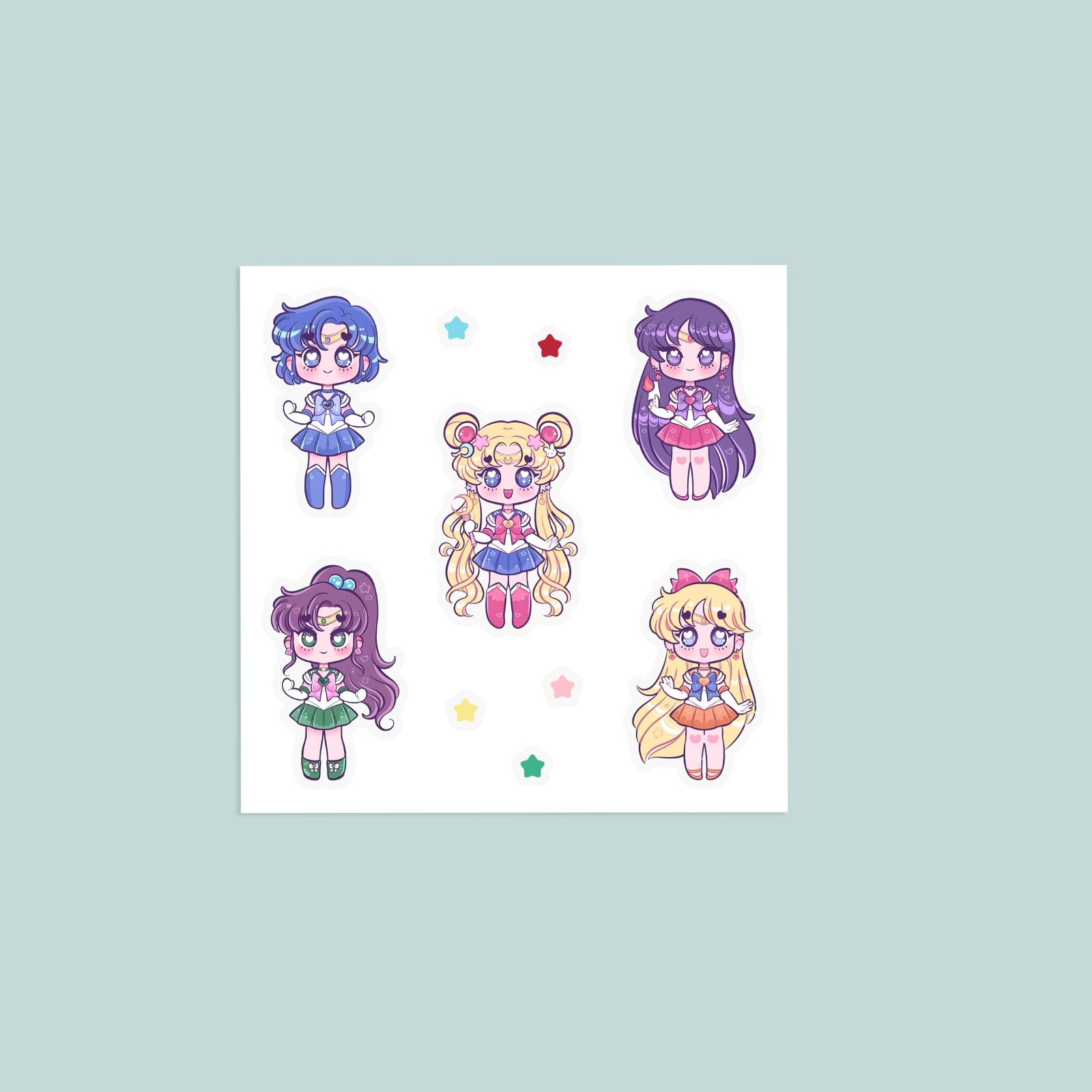 Sailor Moon chibi anime vinyl sticker sheet with five kawaii sailor scout characters including Sailor Moon Mercury Saturn Jupiter and Venus in pastel tones with colourful star accents