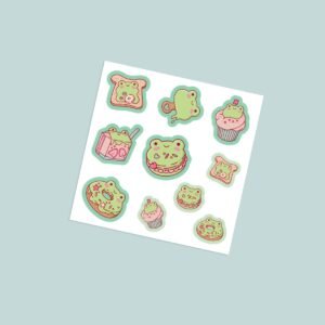 Stickers-foodiefrogs Kawaii foodie frog vinyl sticker sheet with 10 cute green frog characters with macaron donut cupcake toast and strawberry milk in soft green and pink