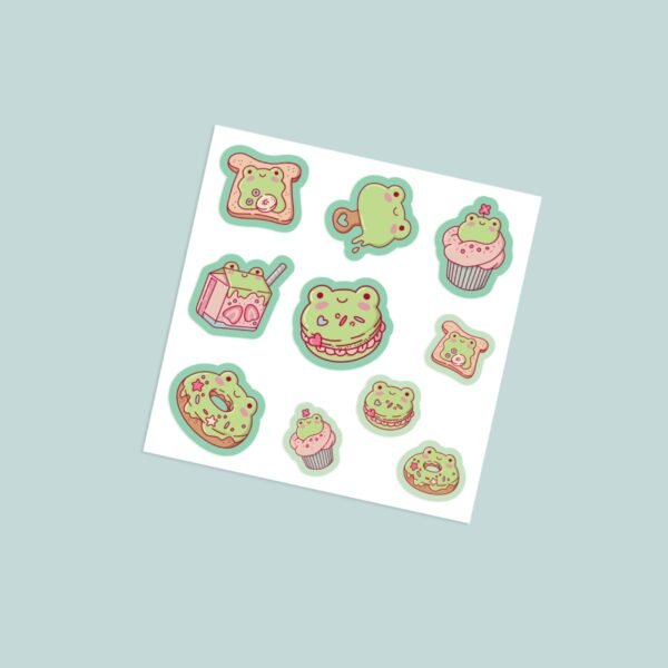 Stickers-foodiefrogs Kawaii foodie frog vinyl sticker sheet with 10 cute green frog characters with macaron donut cupcake toast and strawberry milk in soft green and pink