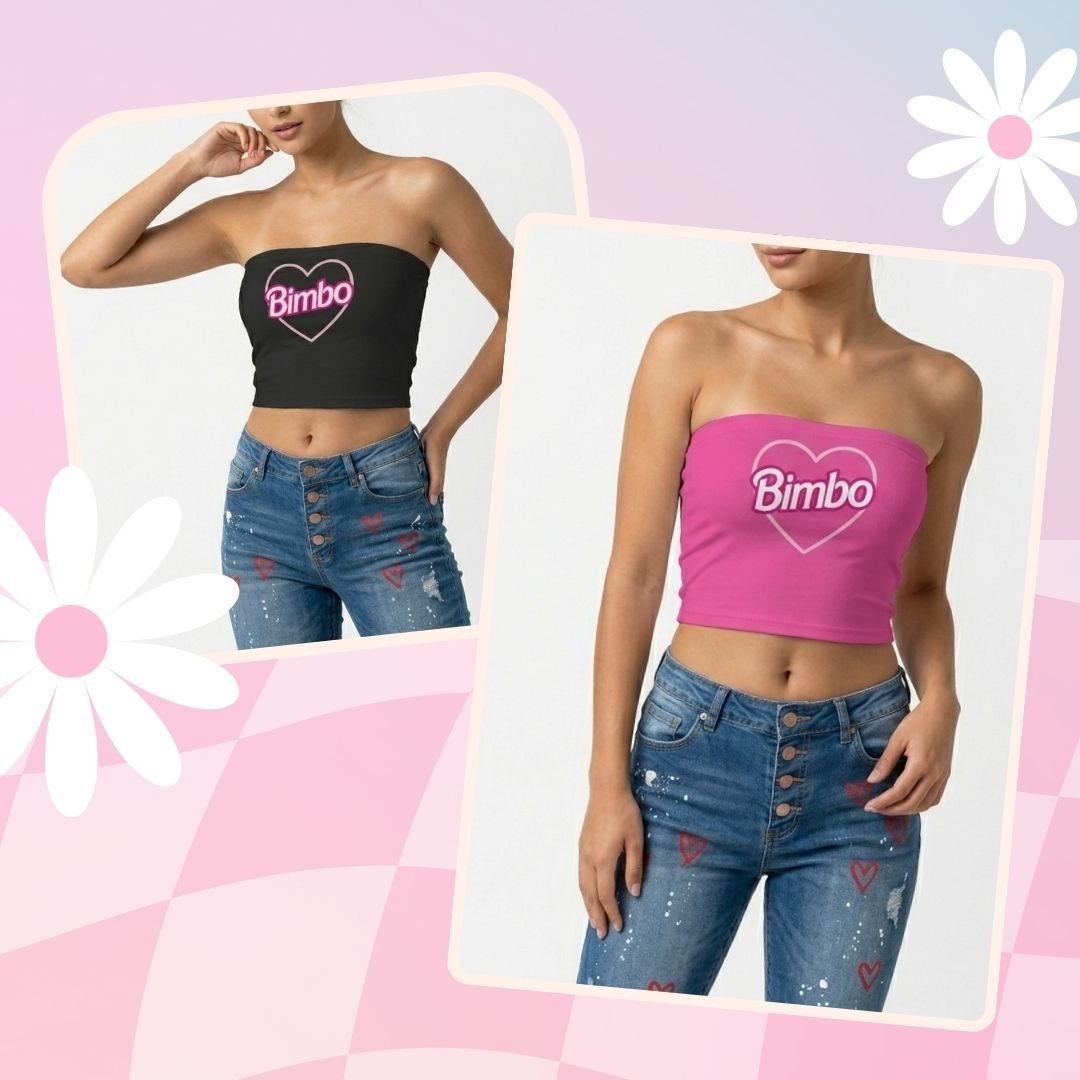 tube top bimbo heart slogan strapless bandeau crop hot pink black XS to 5XL