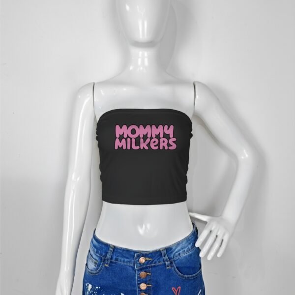 croptubetop-fr-mommymilkers-blk mommy milkers tube top cow print black pink bubble font slogan