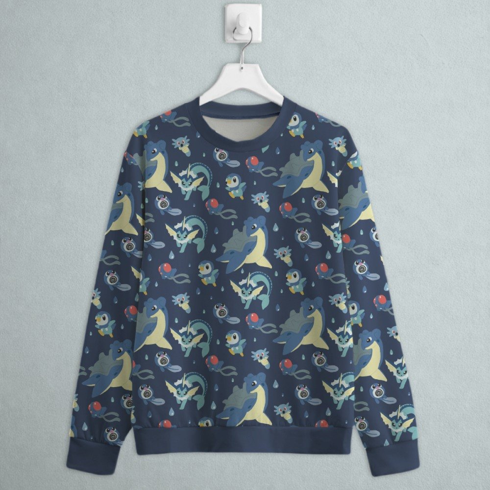 water type Pokemon sweatshirt all-over pattern navy Lapras Vaporeon Piplup