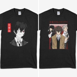 Bungo Stray Dogs t-shirt in black with Atsushi Dazai and Akutagawa anime character graphic print, unisex classic fit