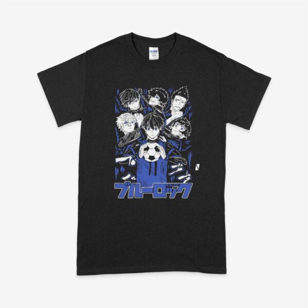 Blue Lock t-shirt in black with anime character graphic print, unisex classic fit