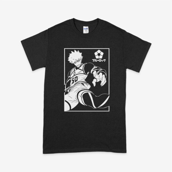 Blue Lock t-shirt in black with anime character graphic print, unisex classic fit