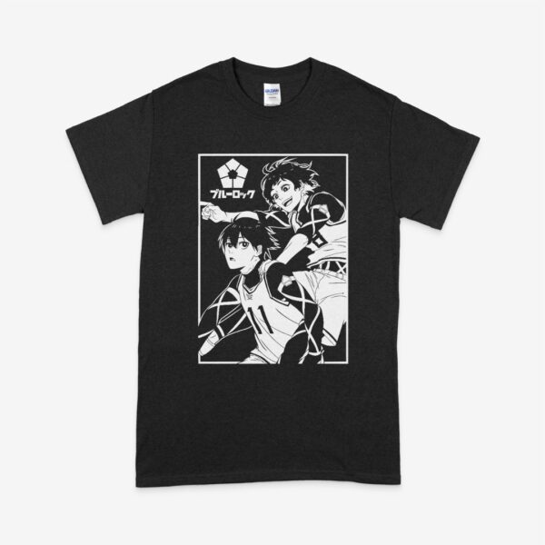 Blue Lock t-shirt in black with anime character graphic print, unisex classic fit