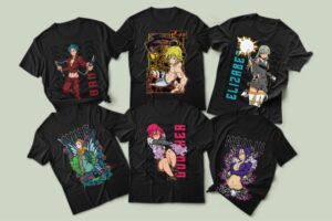 Seven Deadly Sins t-shirt in black with anime character graphic print, unisex classic fit flat lay