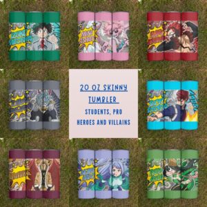 My Hero Academia 20oz skinny stainless steel tumbler with straw featuring MHA character designs