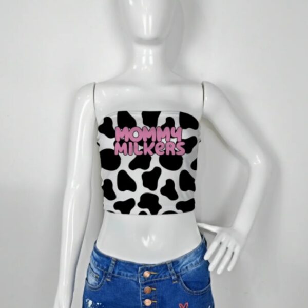 Tube Top – Mommy Milkers Slogan Strapless Bandeau Crop | Cow Print & Black | XS to 5XL