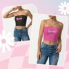 bimbo tube top models Bimbo heart slogan strapless tube top bandeau crop, hot pink or black, slim fit XS-5XL