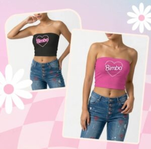 Bimbo heart slogan strapless tube top bandeau crop, hot pink or black, slim fit XS-5XL