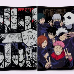 Jujutsu Kaisen fleece blanket with vibrant print, soft pile texture, and white back, various sizes and designs