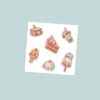 Kawaii foodie blobfish vinyl sticker sheet with six cute blobfish characters on sandwich strawberry cake bubble tea ice cream mochi and popsicle in soft pastel tones