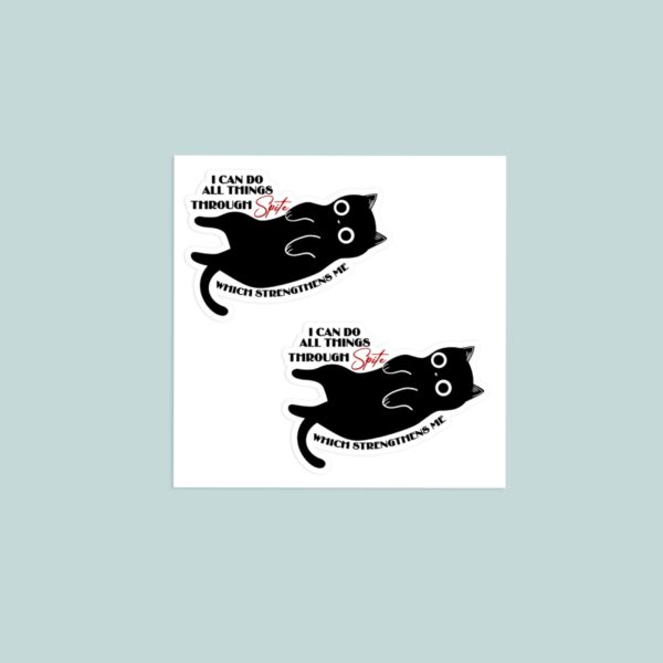 Funny black cat vinyl sticker sheet with text I can do all things through spite which strengthens me in black white and red