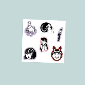 Junji Ito inspired mix vinyl sticker sheet with spiral girl snail girl tentacle cat and horror anime characters in black