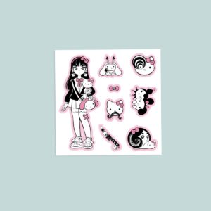 Junji Ito x Sanrio inspired vinyl sticker sheet with anime schoolgirl and kawaii horror characters in black white and pink