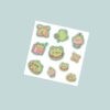 Kawaii foodie frog vinyl sticker sheet with 10 cute green frog characters with macaron donut cupcake toast and strawberry milk in soft green and pink