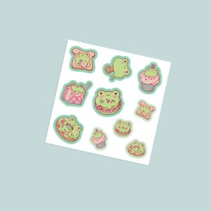 Kawaii foodie frog vinyl sticker sheet with 10 cute green frog characters with macaron donut cupcake toast and strawberry milk in soft green and pink