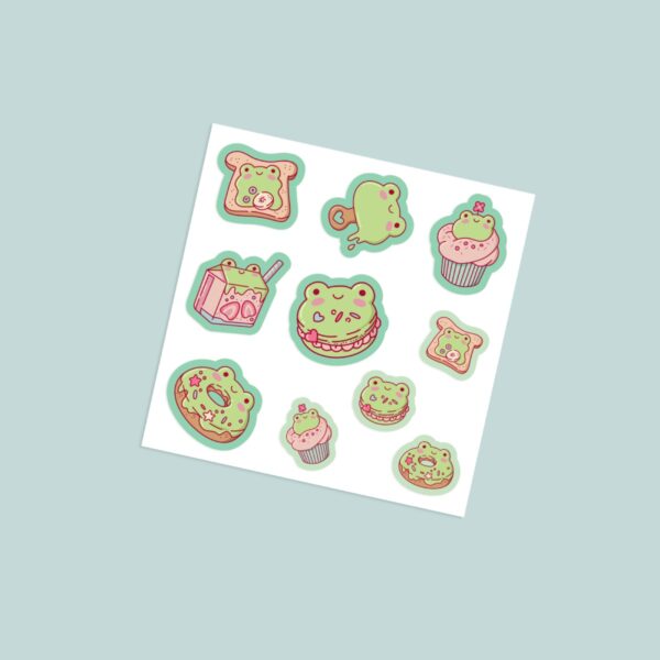 Kawaii foodie frog vinyl sticker sheet with 10 cute green frog characters with macaron donut cupcake toast and strawberry milk in soft green and pink