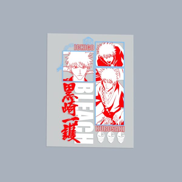 Bleach anime mix DTF transfer sheet A5 featuring Ichigo Kurosaki Ulquiorra and Grimmjow in bold graphic style