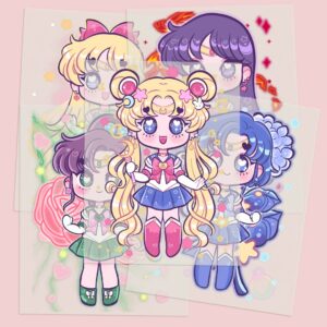 a5dtftransfer-sheet-sailorscouts Sailor Moon character DTF transfer sheet A5 featuring individual kawaii sailor scout design in full colour ready to apply to fabric