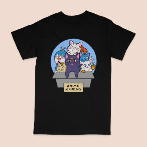 Anime cats t-shirt in black with group illustration of iconic anime kittens including Luna and Meowth in a box labeled Anime Kittens, unisex classic fit front view