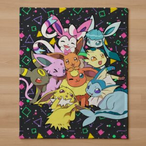 Eevee Evolutions fleece blanket with vibrant print, soft pile texture, and white back, various sizes