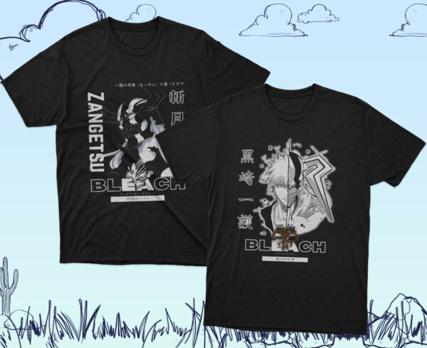 Bleach anime t-shirt in black with Soul Reaper character graphic print, unisex classic fit
