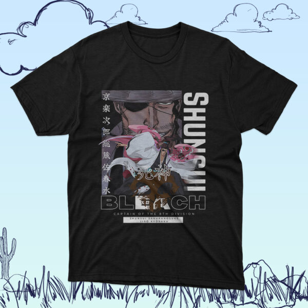 Bleach anime t-shirt in black with Soul Reaper character graphic print, unisex classic fit