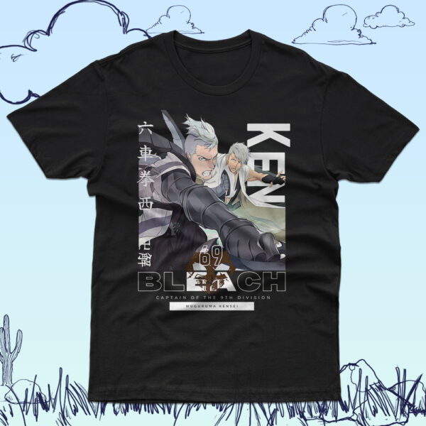 Bleach anime t-shirt in black with Soul Reaper character graphic print, unisex classic fit