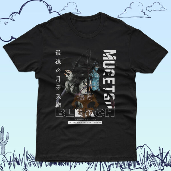 Bleach anime t-shirt in black with Soul Reaper character graphic print, unisex classic fit