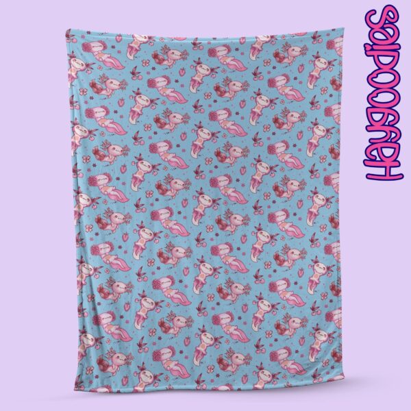 axolotl pattern fleece blanket colorful design
