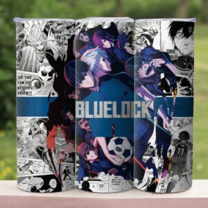 Blue Lock 20oz skinny stainless steel tumbler with straw featuring Blue Lock character designs
